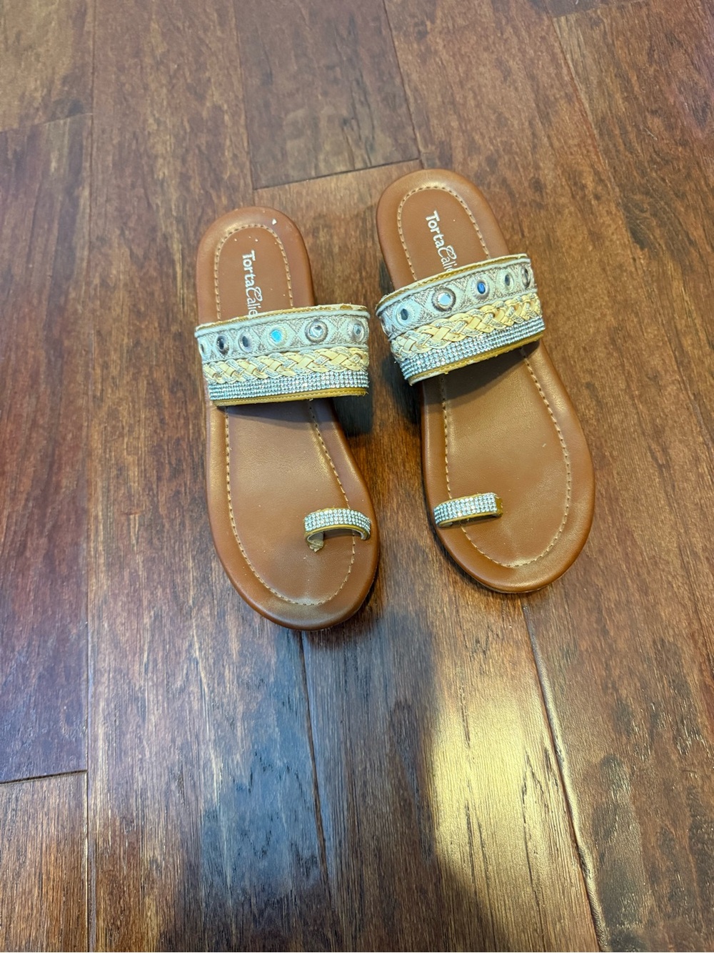 Embellished Tan Slide Wedge Sandals - Tortuga Bay